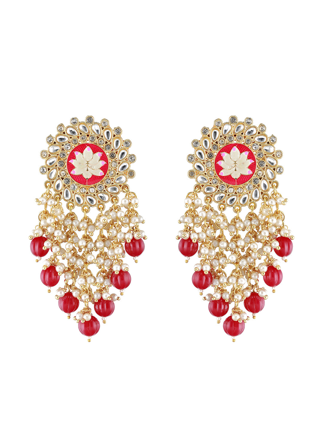 Maroon Gold Plated &CZ Studded & Beaded Meenakari Drop Earrings - Jazzandsizzle