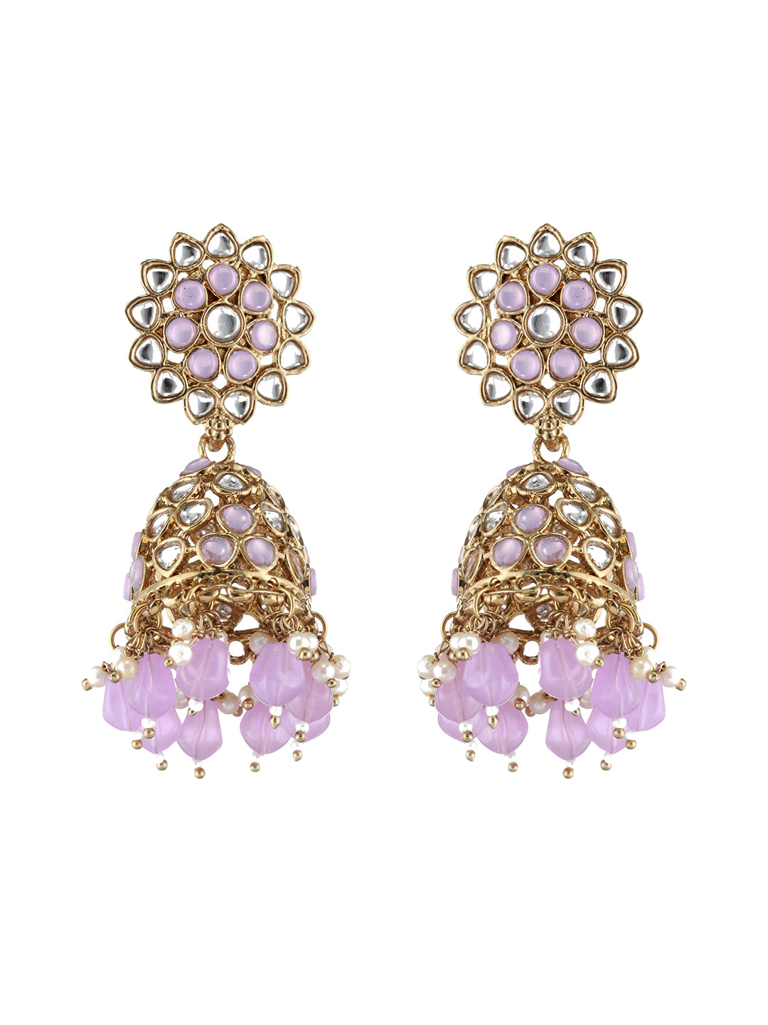 Gold Plated Purple Beaded & White Kundan Studed Jhumka Earrings - Jazzandsizzle