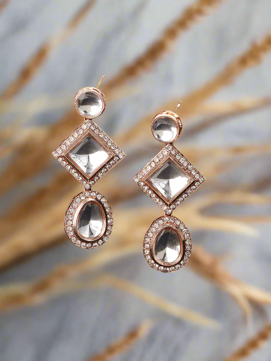 Rosegold-Plated Cz-Studded Handcrafted Geometric Drop Earrings