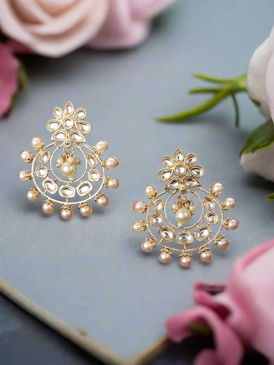 Gold-Plated & White Crescent Shaped Chandbali Earring