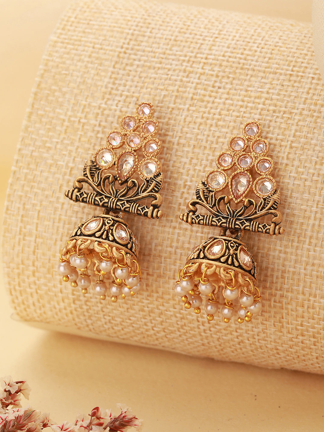 Gold-Plated Kundan Studded Triangular Shaped Jhumka Earrings - Jazzandsizzle