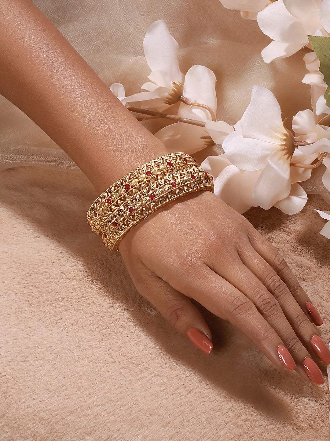 Jazz And Sizzle Set Of 2 22K Gold-Plated Marron Red Stone-Studded Handcrafted Bangles - Jazzandsizzle