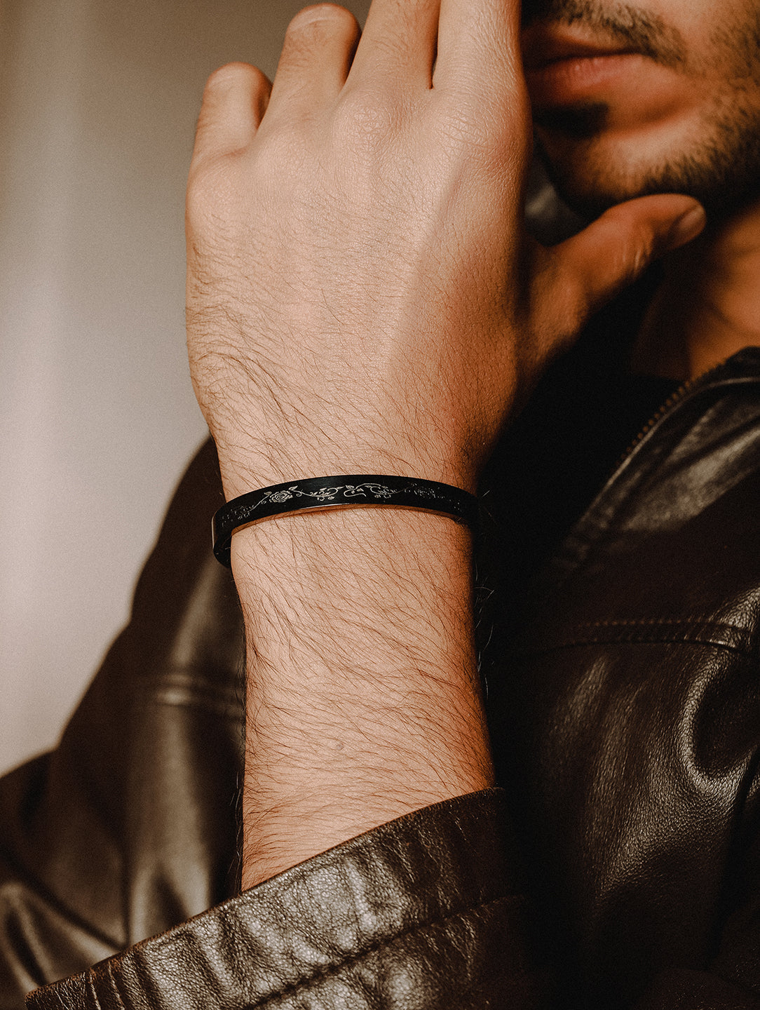 Men'S Men Black Stainless Steel Rose Print Kada Bracelet