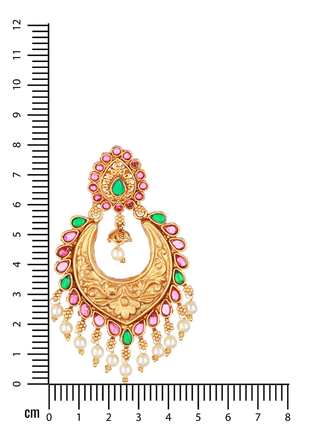 Jazz And Sizzle Gold-Plated Green & Pink Stone studded & pearls Drop Crescent Shaped Chandbalis
