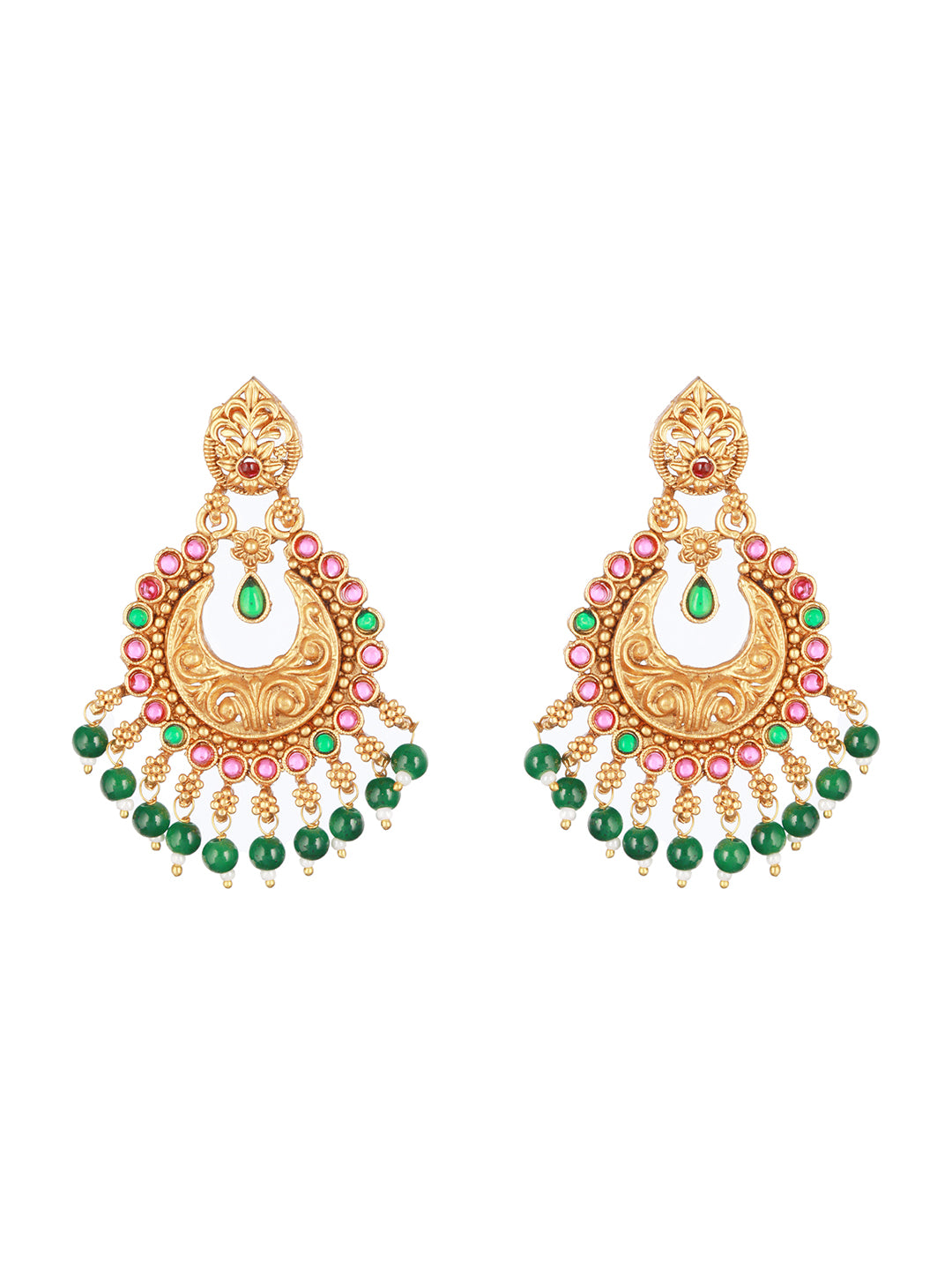 Jazz And Sizzle Green & Pink Gold-Plated Contemporary Shaped Chandbalis