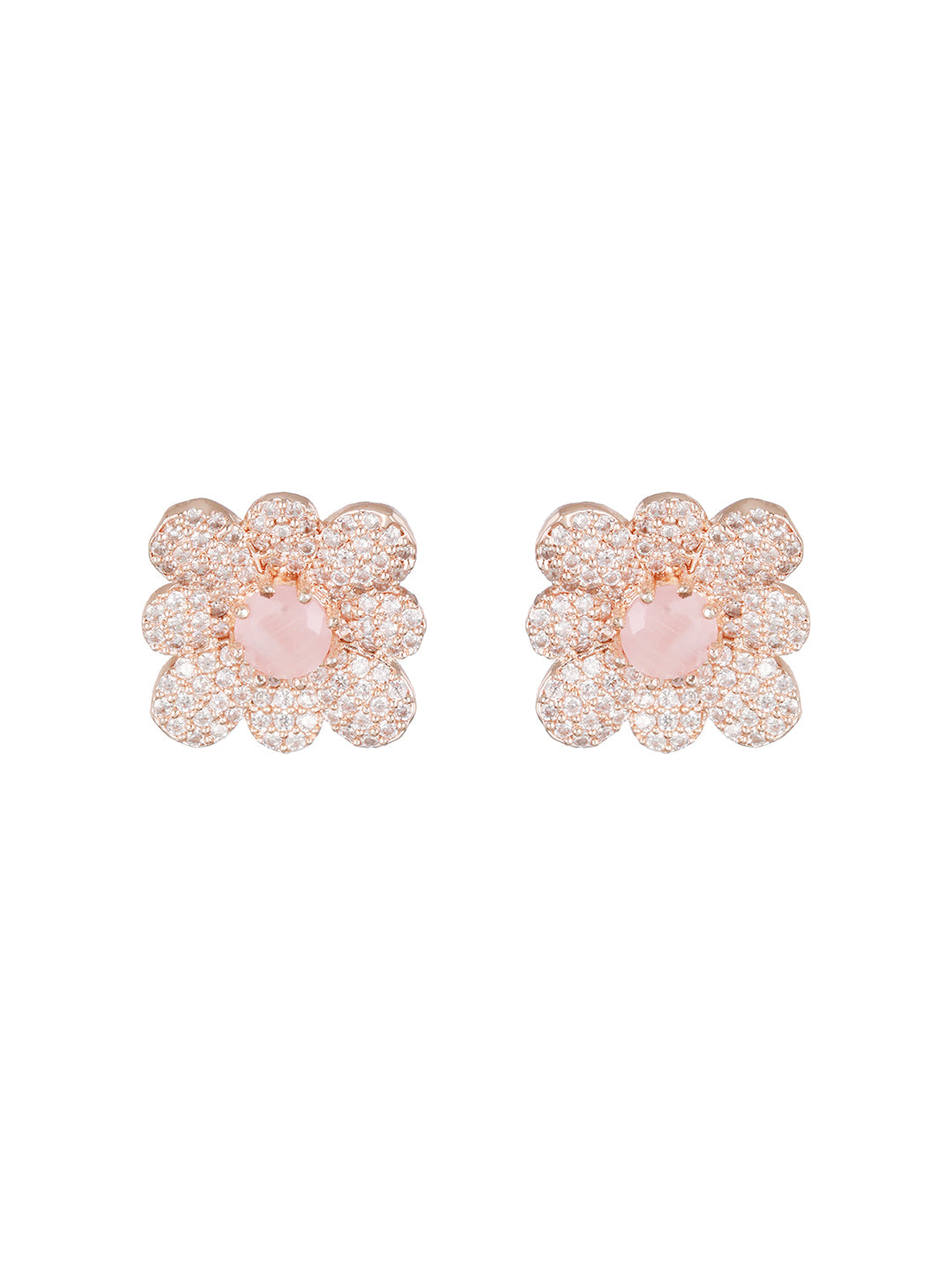 Rose Gold Plated & Pink AD-Studded Floral Studs Earrings - Jazzandsizzle