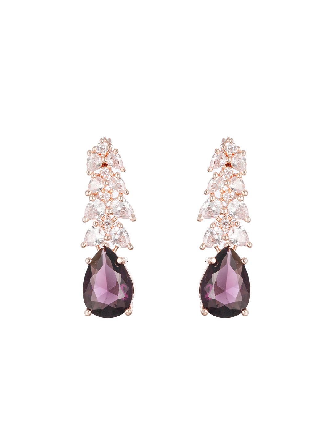 Rose Gold-Plated & Purple AD-Studded Handcrafted Teardrop Drop Earrings - Jazzandsizzle