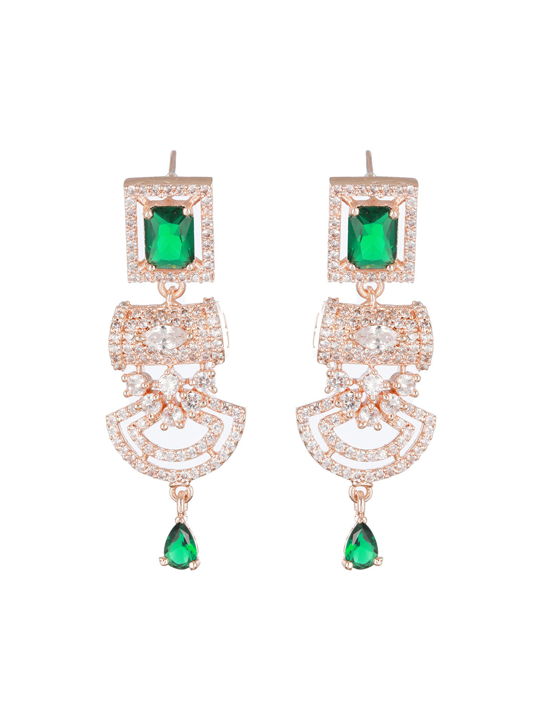 Green & Rose Gold Plated AD Studded Rectangular Drop Earrings - Jazzandsizzle