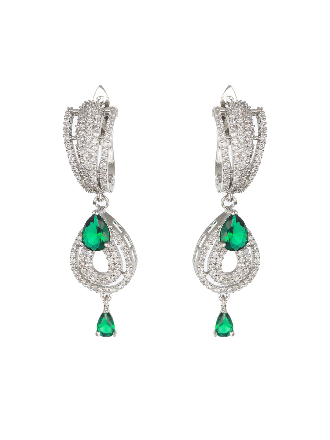 Green & White Rhodium Plated AD Studded Teardrop Earrings - Jazzandsizzle