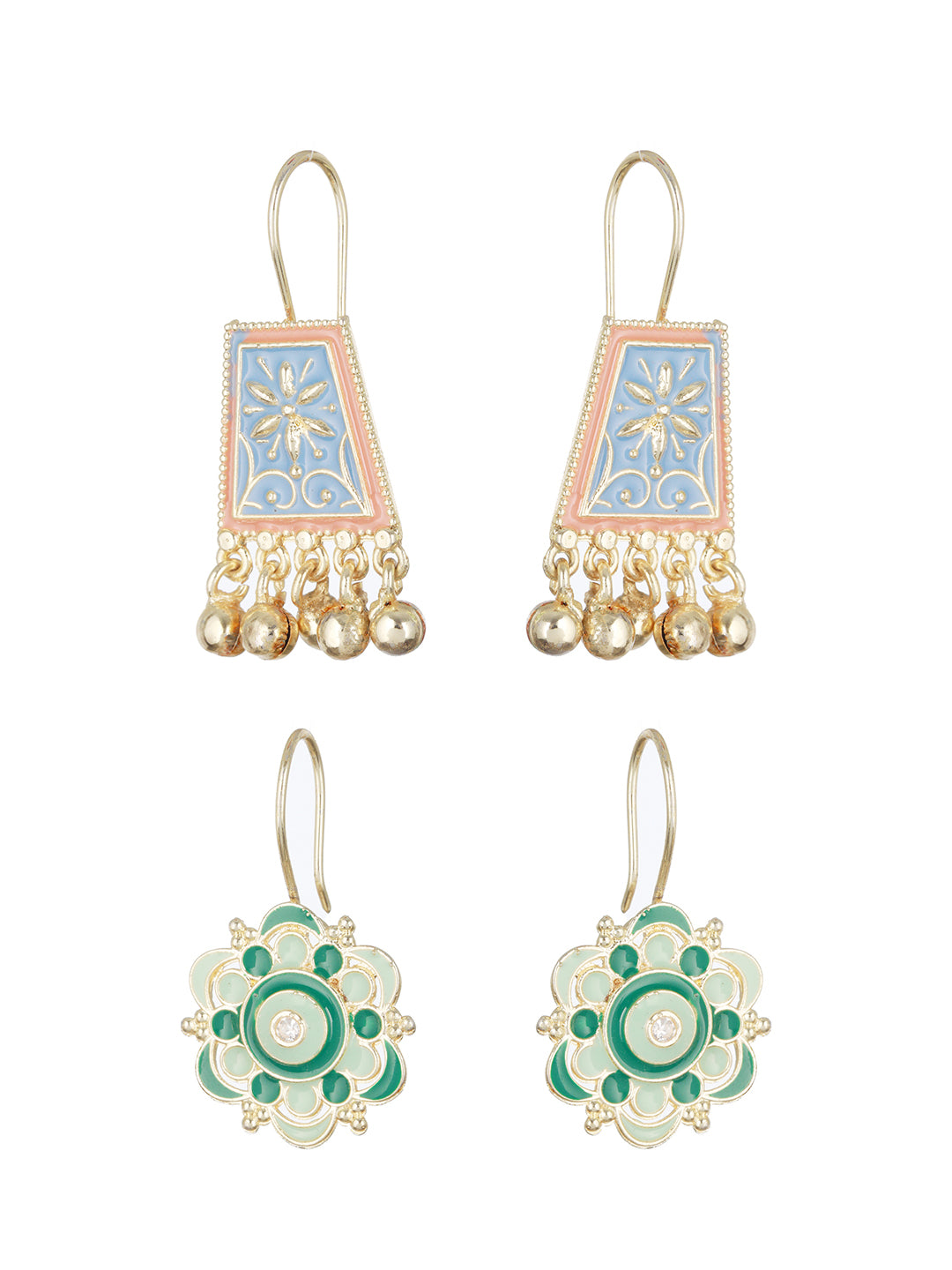 Set of 2 Blue & Green Contemporary Gold-Plated Drop Earrings - Jazzandsizzle