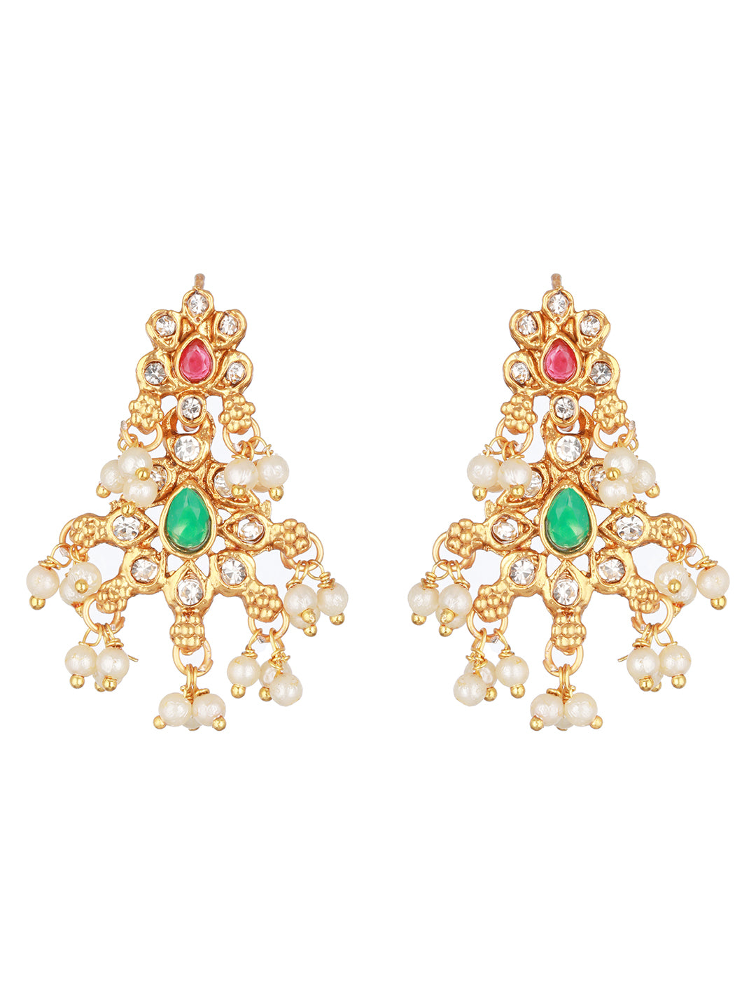 Gold-Plated Stone-Studded & Beaded Necklace & Earrings - Jazzandsizzle