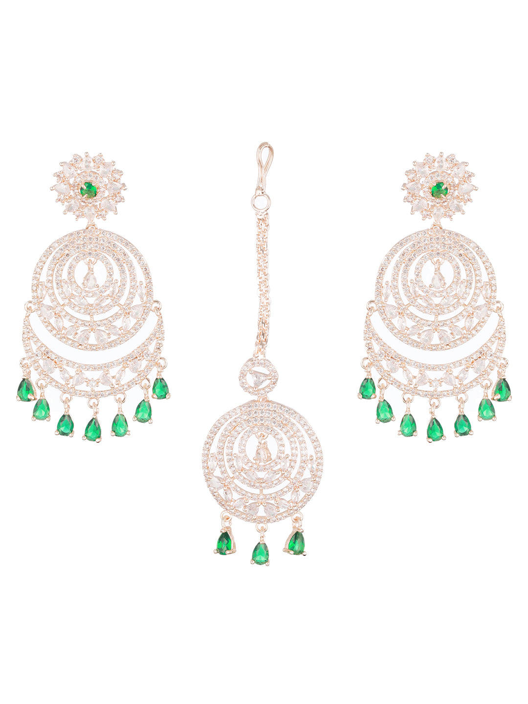 Rosegold-Plated Green American Diamond Studded Maang Tikka And Earrings Set - Jazzandsizzle