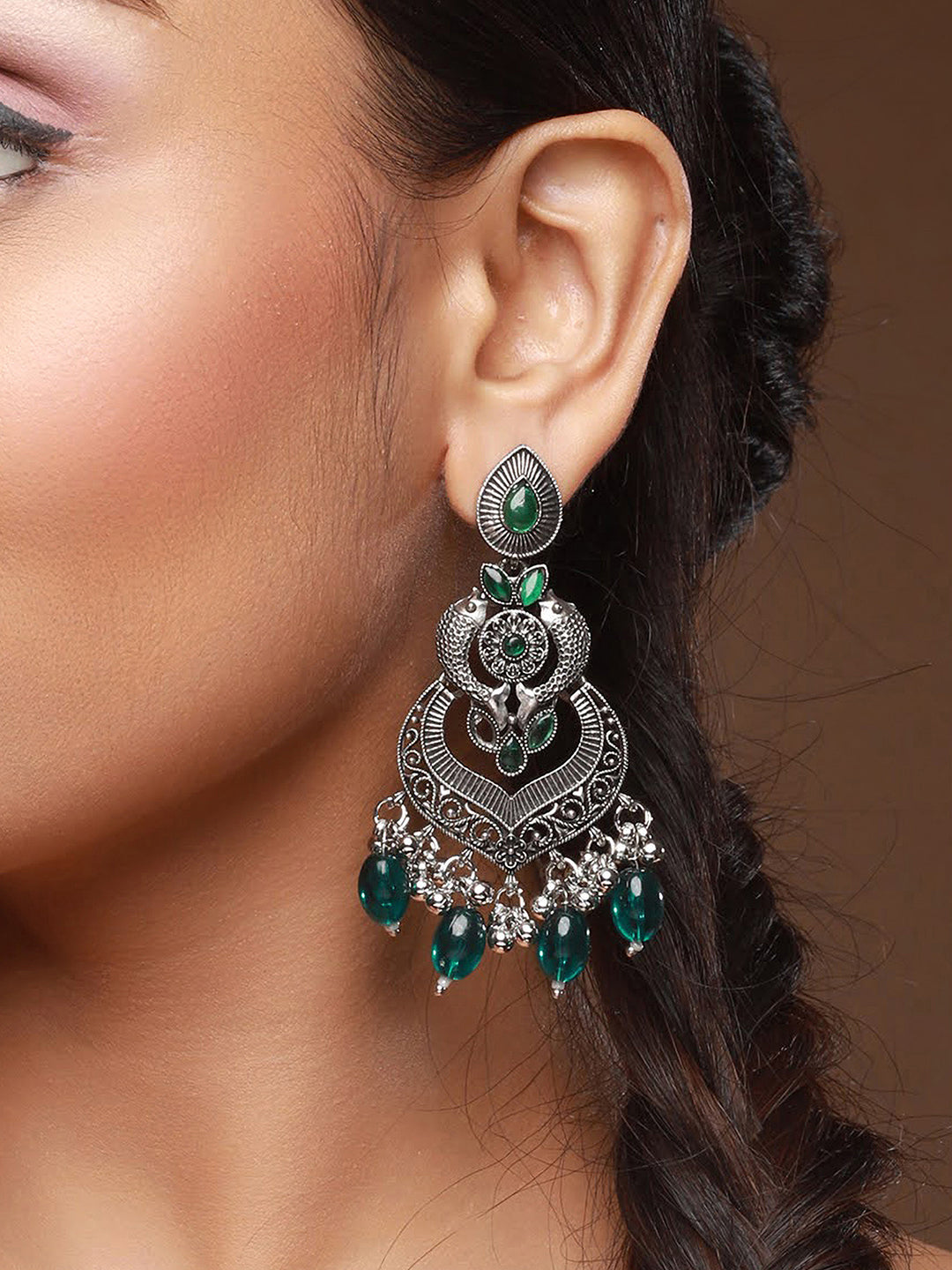 Green Silver-Plated Kundan Studded Fish Shaped Chandbalis - Jazzandsizzle