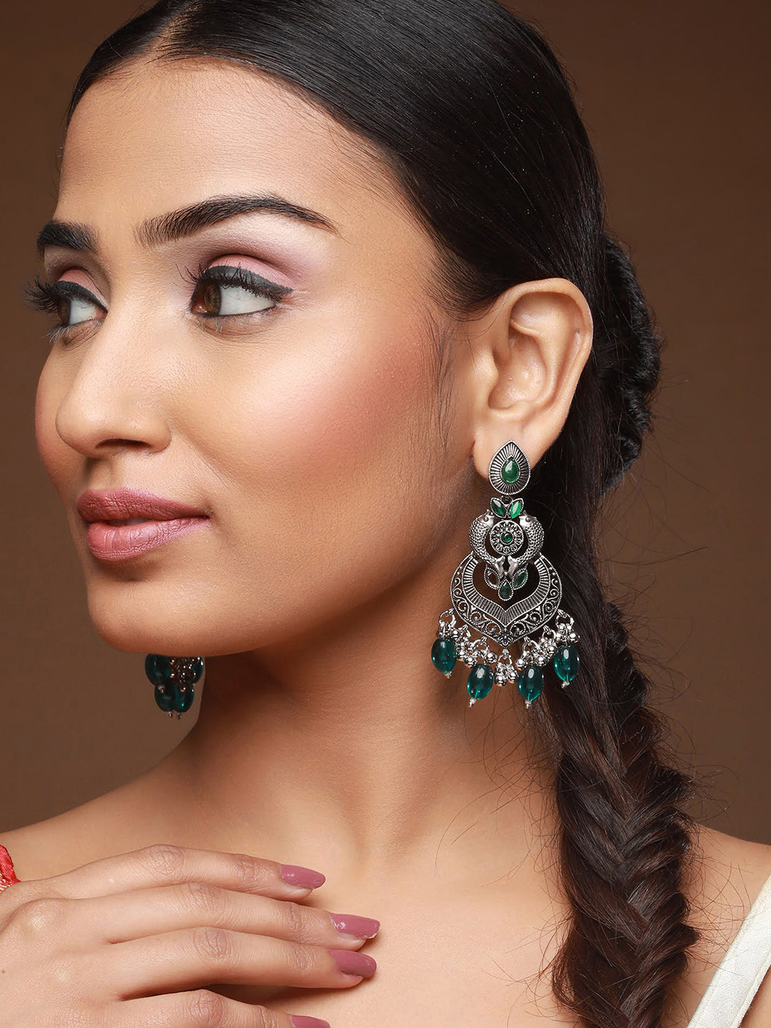 Green Silver-Plated Kundan Studded Fish Shaped Chandbalis - Jazzandsizzle