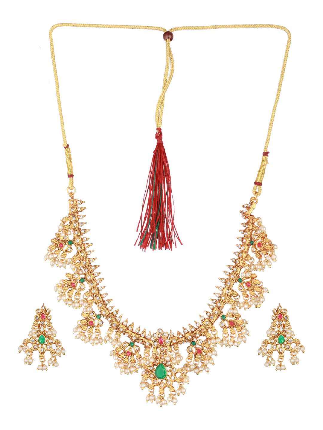 Gold-Plated Stone-Studded & Beaded Necklace & Earrings - Jazzandsizzle