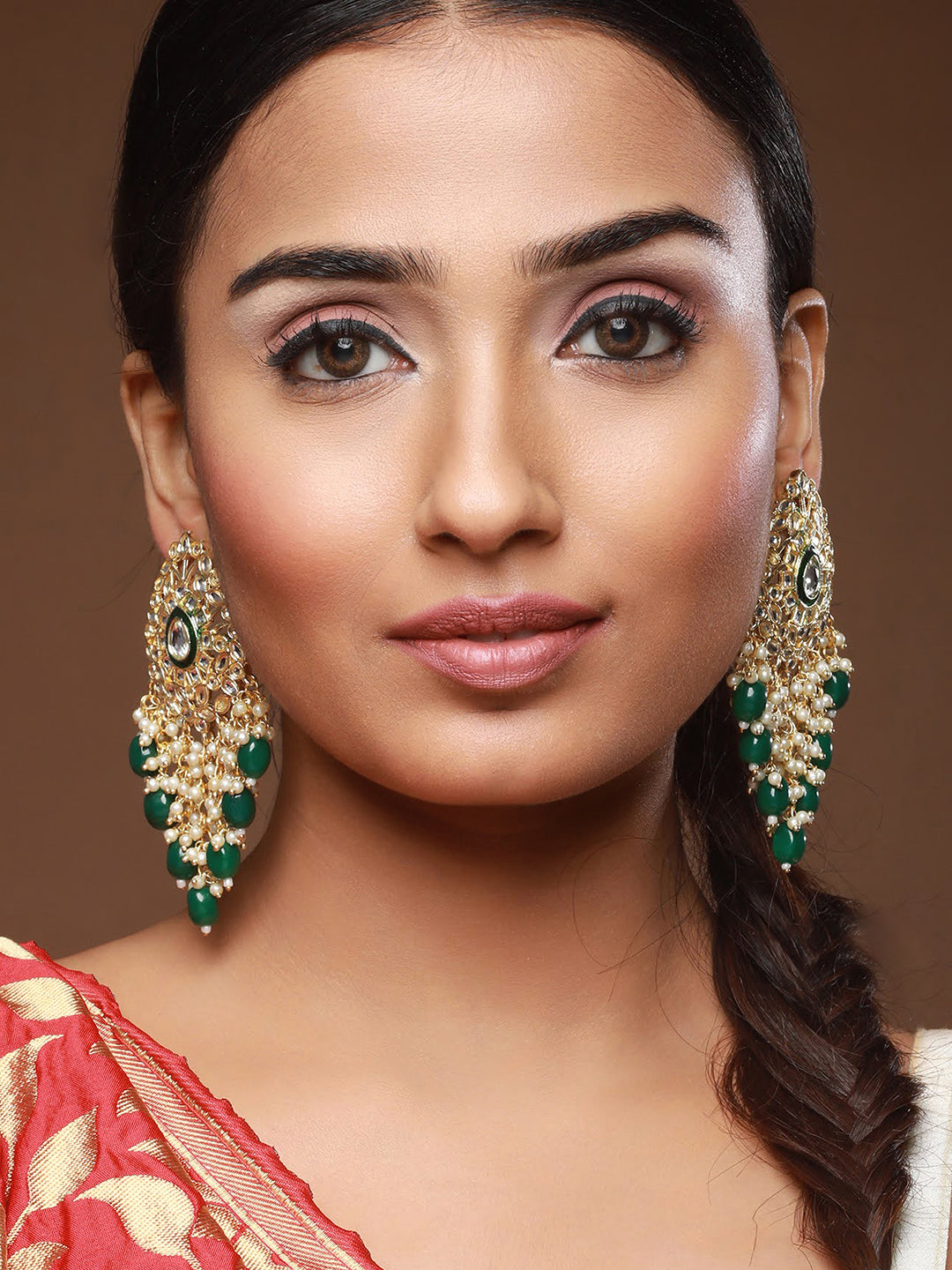 Green Gold Plated Kundan Studded & Beaded Meenakari Drop Earrings - Jazzandsizzle