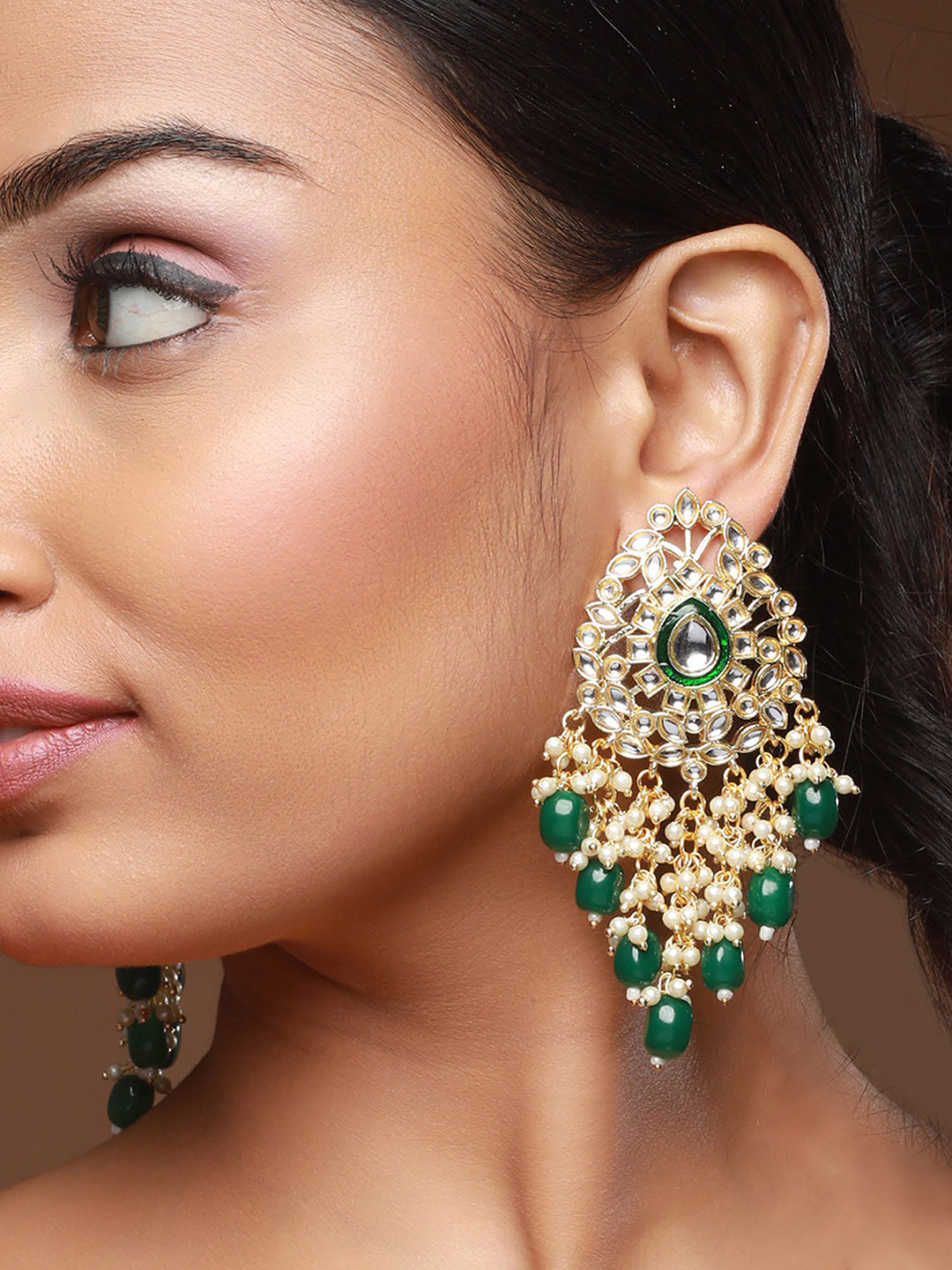 Green Gold Plated Kundan Studded & Beaded Meenakari Drop Earrings - Jazzandsizzle