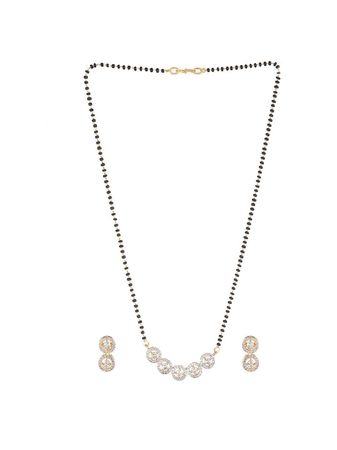 Gold-Plated Black Beaded & American Diamond-Studded Mangalsutra with Earrings - Jazzandsizzle