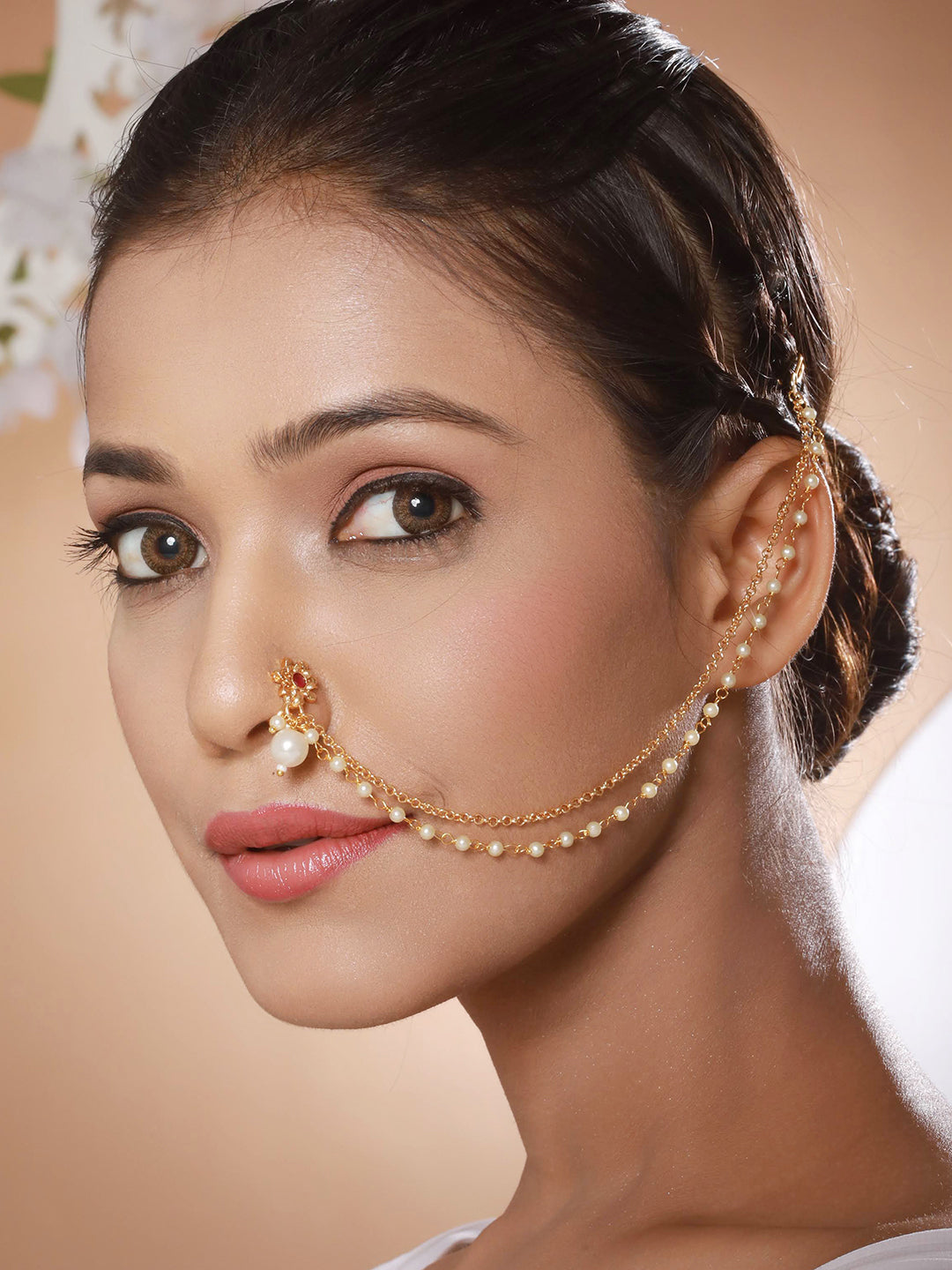 Gold-Plated White Kundan-Studded Clip-On Nose Pin With Beaded Extension - Jazzandsizzle