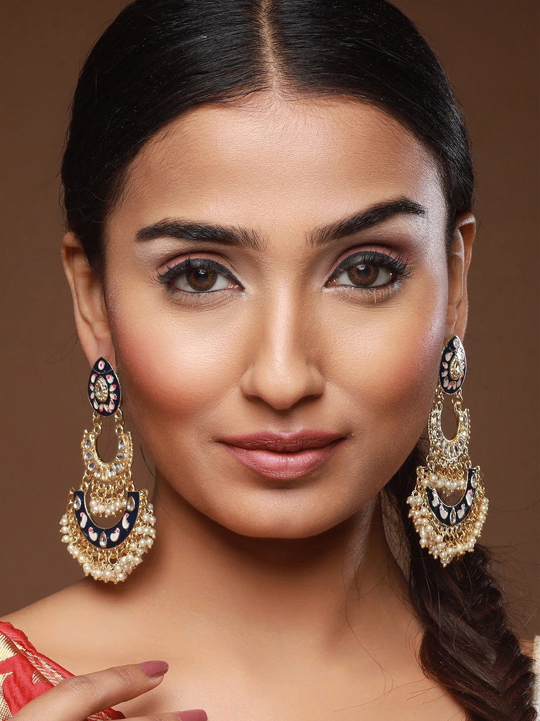 Blue Gold-Plated Meenakari & Pearls Beaded Chandbalis Earrings - Jazzandsizzle