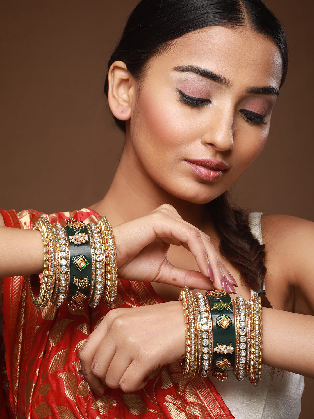 Set of 18 Gold-Plated Stone-Studded & Beaded Green Chuda Bangles - Jazzandsizzle