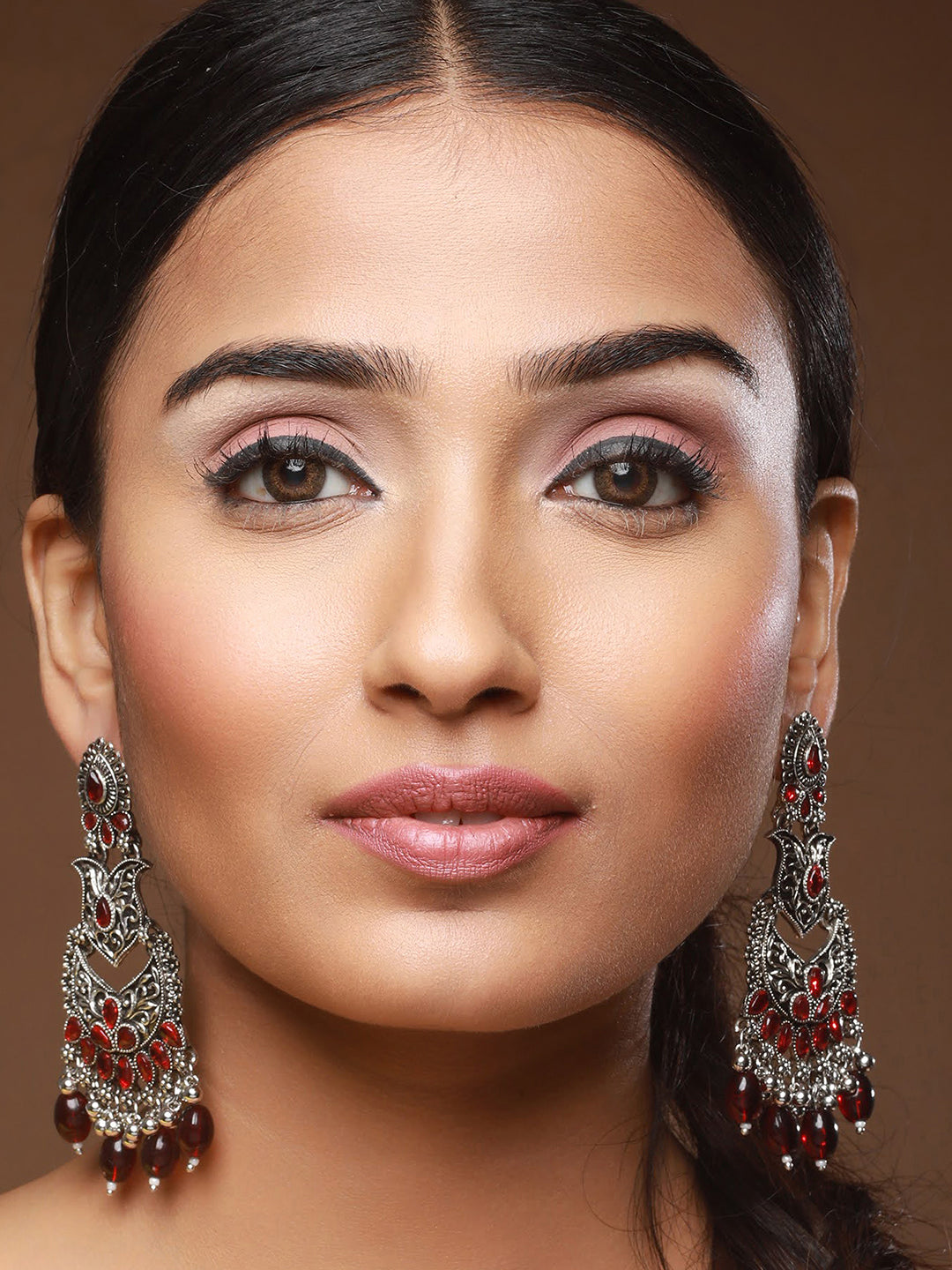 Silver-Toned & Red Classic Chandbalis - Jazzandsizzle