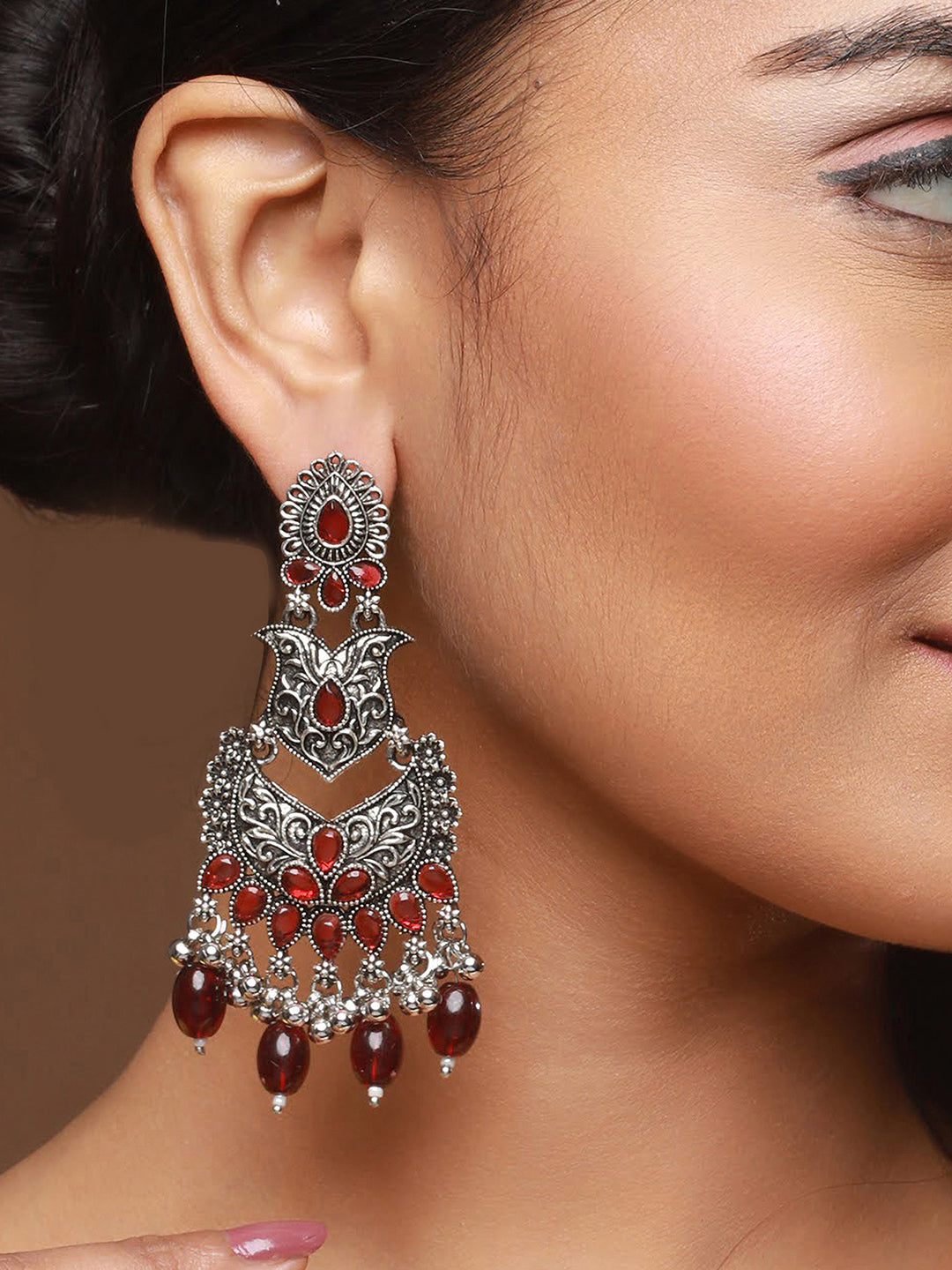 Silver-Toned & Red Classic Chandbalis - Jazzandsizzle