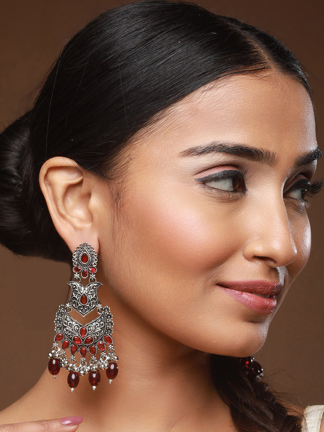 Silver-Toned & Red Classic Chandbalis - Jazzandsizzle