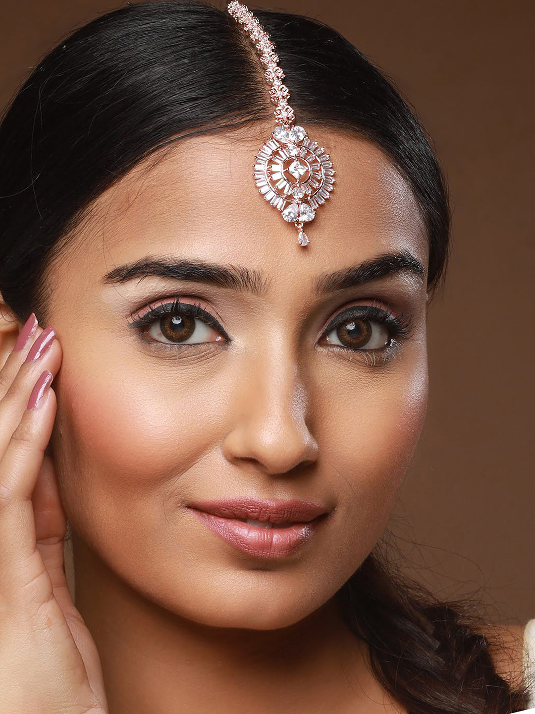 Rose Gold-Plated AD-Studded Circular Handcrafted Maang Tika - Jazzandsizzle