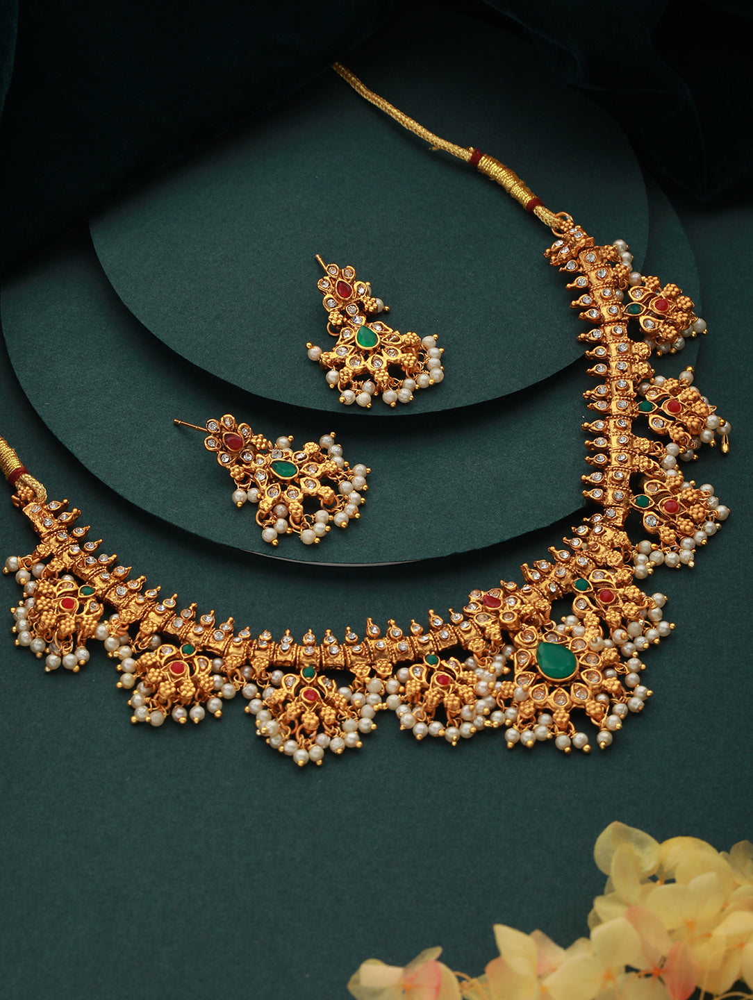 Gold-Plated Stone-Studded & Beaded Necklace & Earrings - Jazzandsizzle