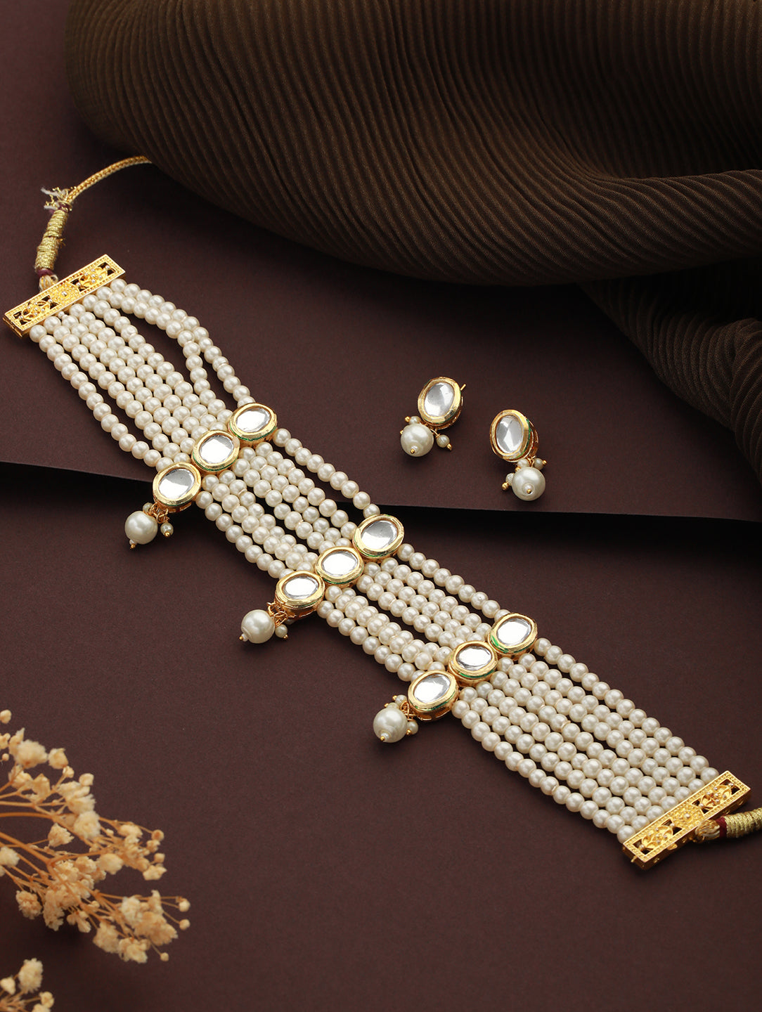 Gold-Plated Kundan-Studded & Beaded Necklace & Earrings - Jazzandsizzle