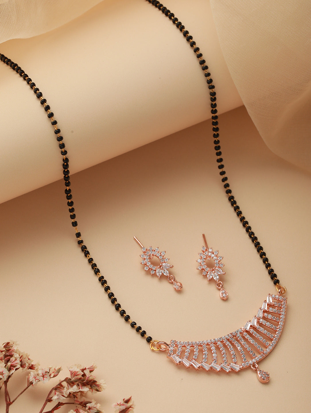 Rose Gold-Plated Black Beaded & CZ Stone-Studded Mangalsutra with Earrings - Jazzandsizzle