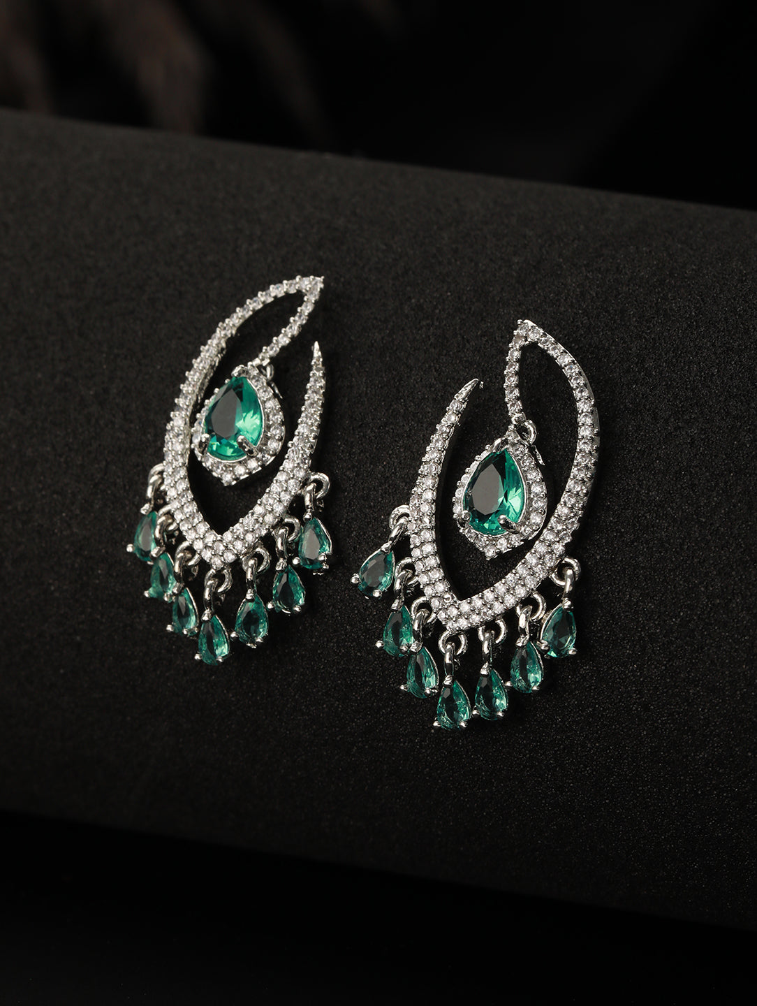 Green & White Rhodium Plated AD Studded Drop Earrings - Jazzandsizzle
