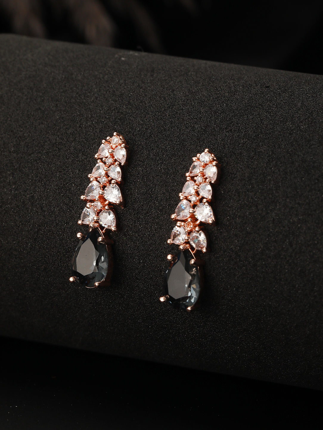 Rose Gold-Plated & Grey AD-Studded Handcrafted Teardrop Drop Earrings - Jazzandsizzle