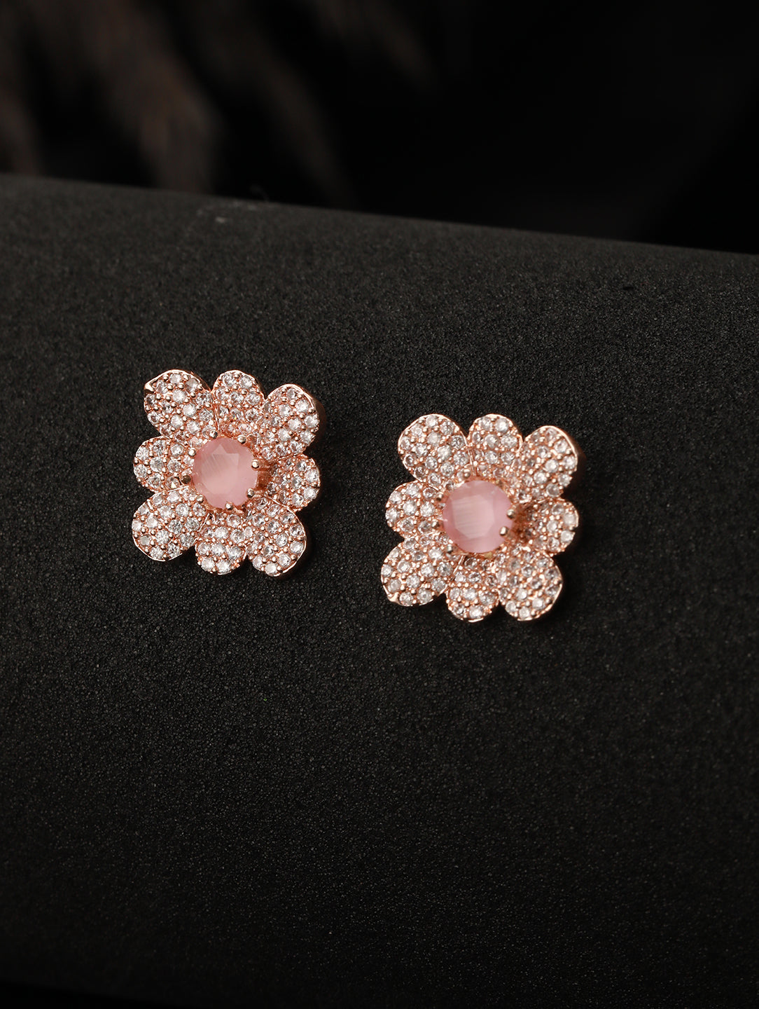 Rose Gold Plated & Pink AD-Studded Floral Studs Earrings - Jazzandsizzle