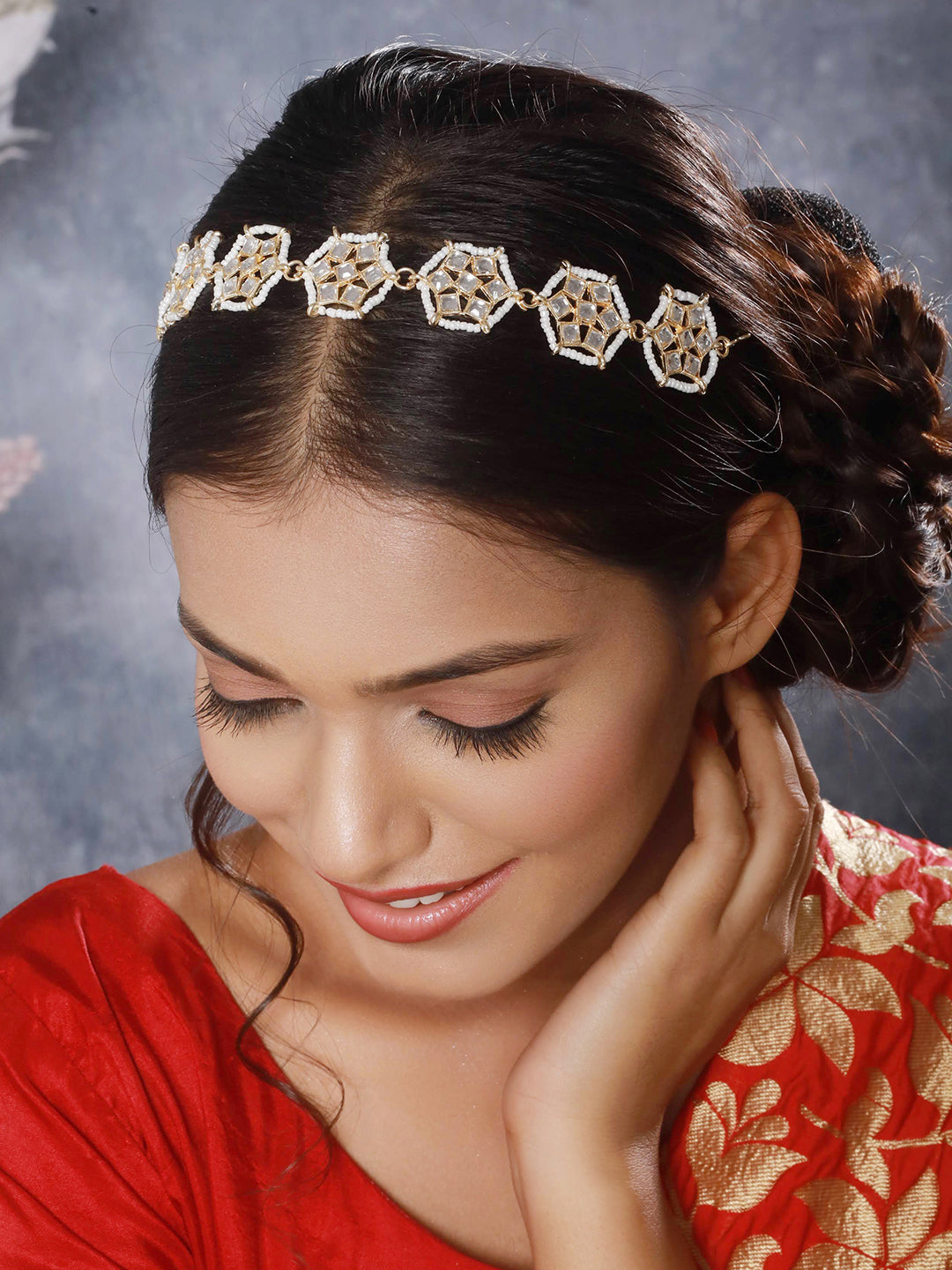 Gold-Plated White Kundan & Pearl Studded Sheeshphool Mathapatti - Jazzandsizzle