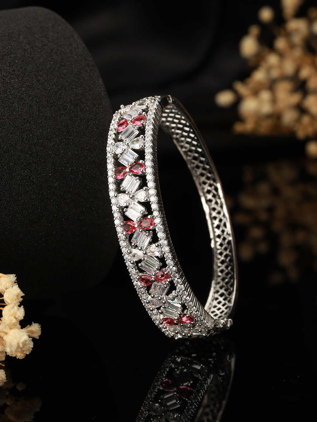 Red & White American Diamond Studded Rhodium-Plated Link Bracelet - Jazzandsizzle