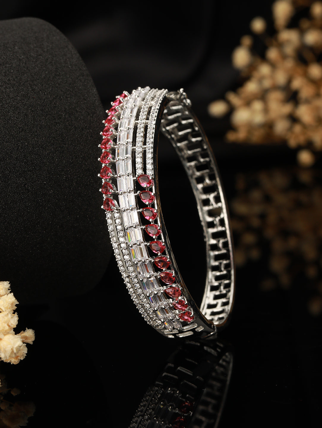 Red American Diamond Studded Rhodium-Plated Link Bracelet - Jazzandsizzle