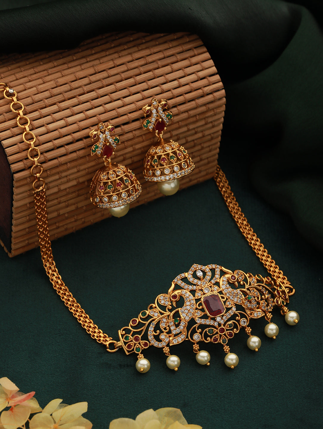 24K Gold-Plated AD Studded & Artificial Beaded Temple Jewellery Set - Jazzandsizzle