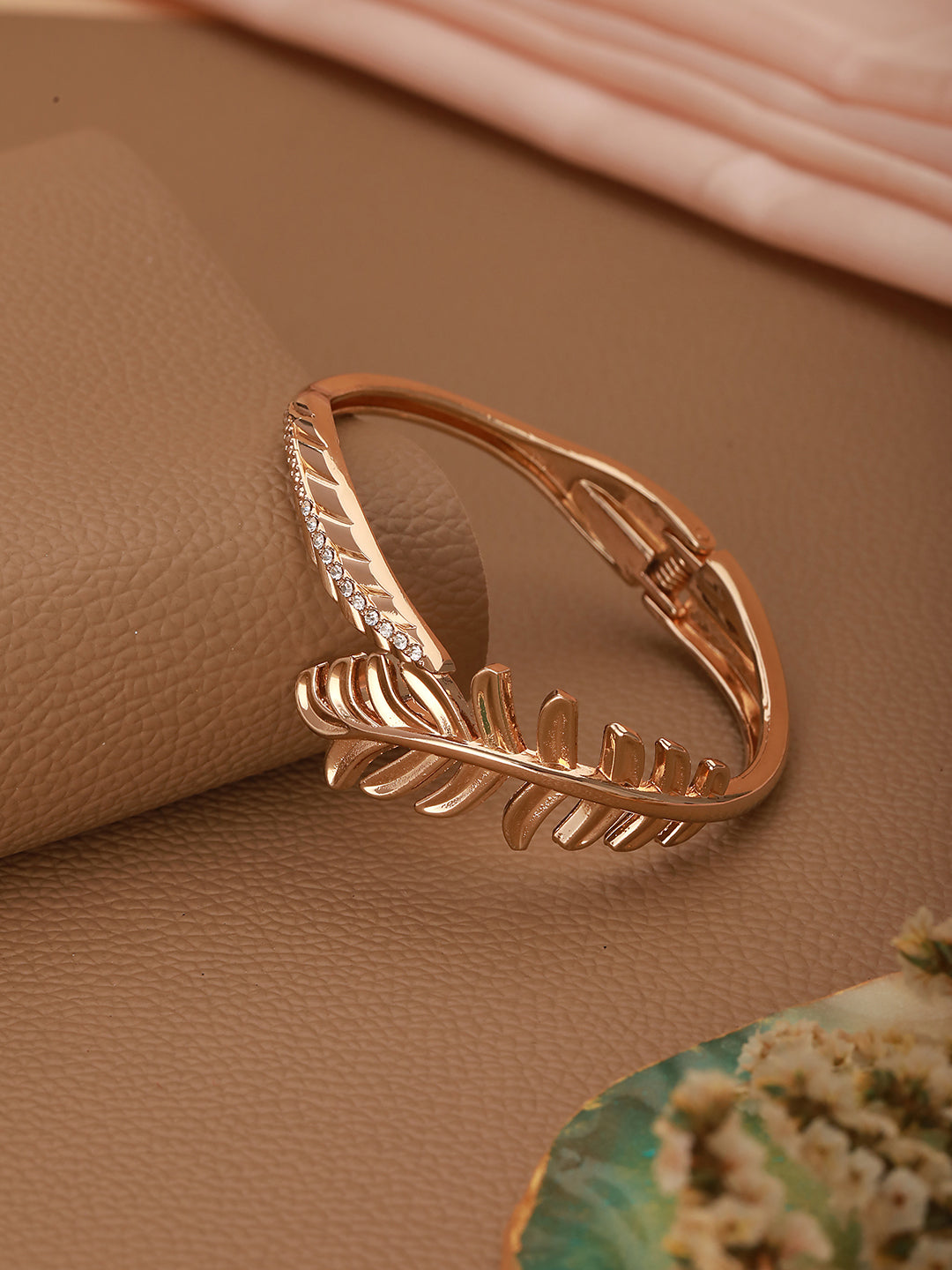 JAZZ AND SIZZLE Gold-Plated American Diamond Studded LEAF SHAPED Cuff Bracelet - Jazzandsizzle