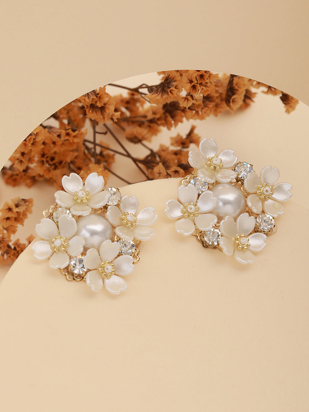 JAZZ AND SIZZLE Gold-Plated Artificial flower & Pearl Studded Contemporary Stud Earrings