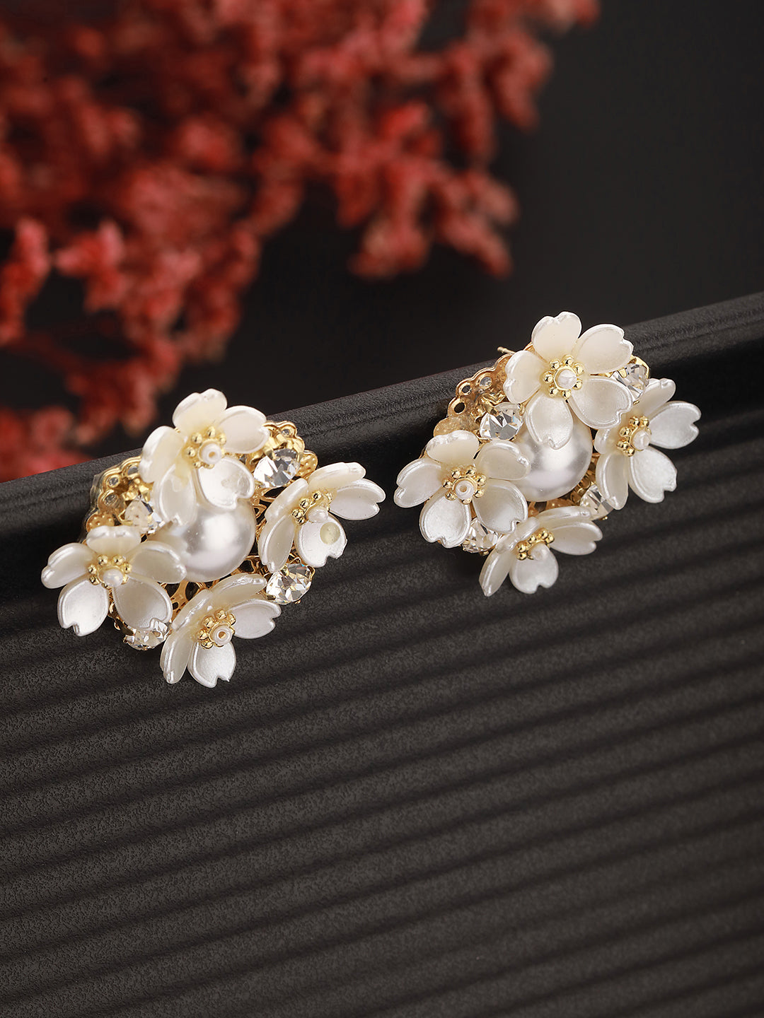 JAZZ AND SIZZLE Gold-Plated Artificial flower & Pearl Studded Contemporary Stud Earrings