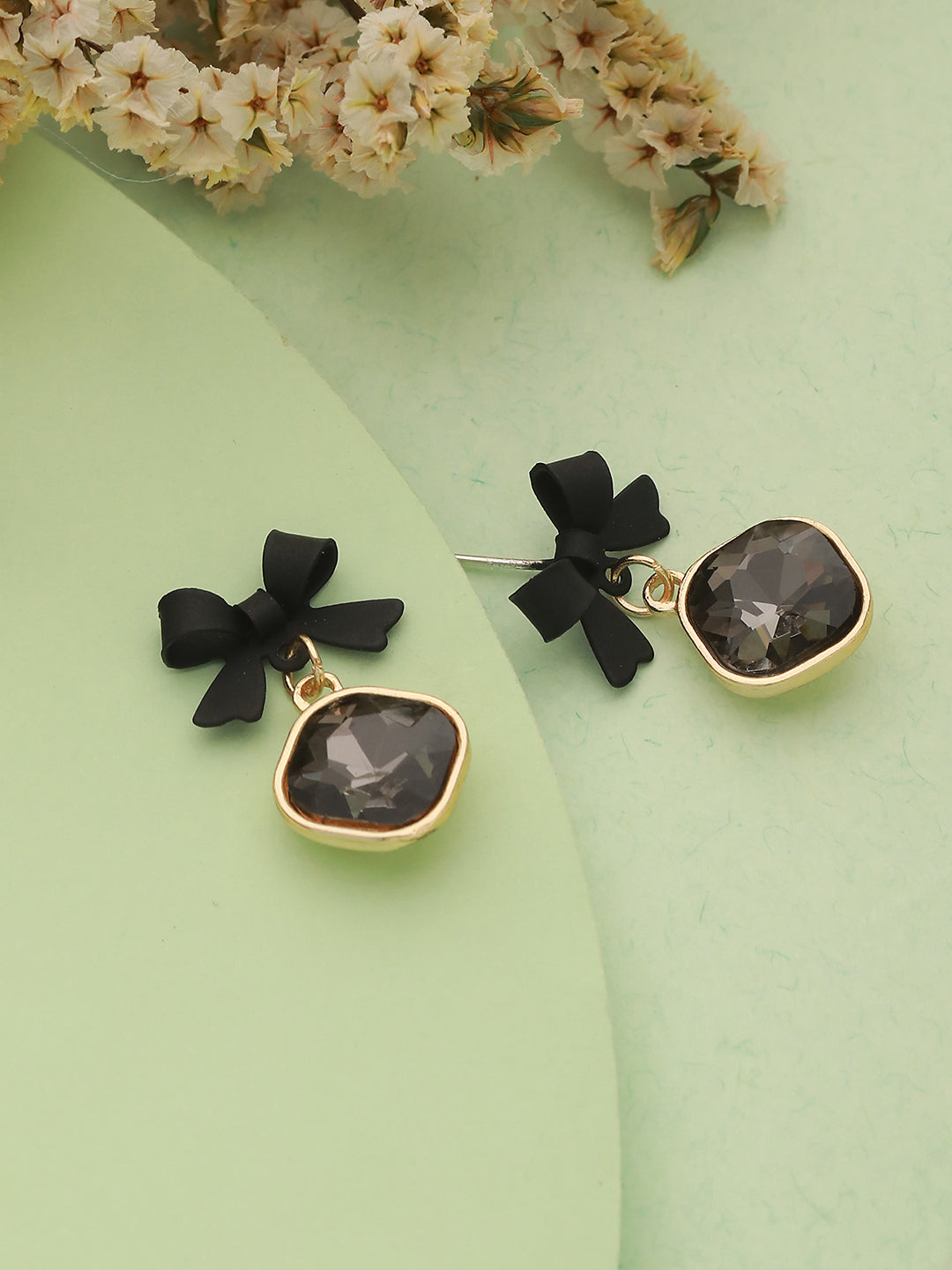 Jazz and Sizzle Black Bow Stud Earrings with Gold-Tone Stone