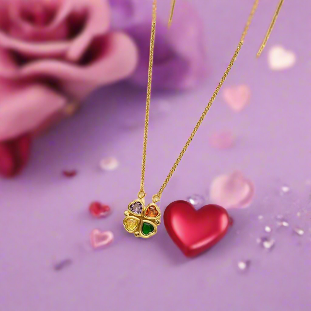 Jazz And Sizzle Gold Plated Hearts Clover Magnetic Pendant Chain Necklace for Valentines Gift