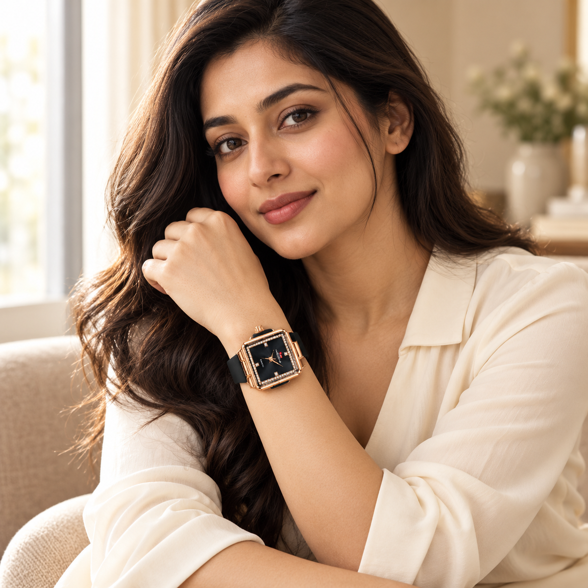 Women’s Rose Gold-Toned Rectangular Black Dial Watch -WJ-JS26-LD0053