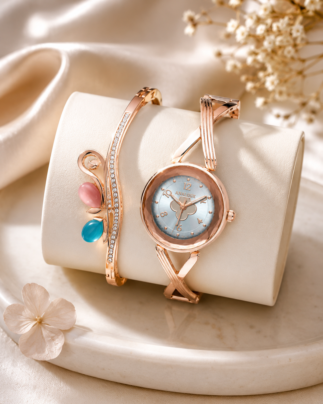 Rose Gold Analog Watch & Leaf Crystal Bracelet Combo for Women- WJ-JS26-LD0026