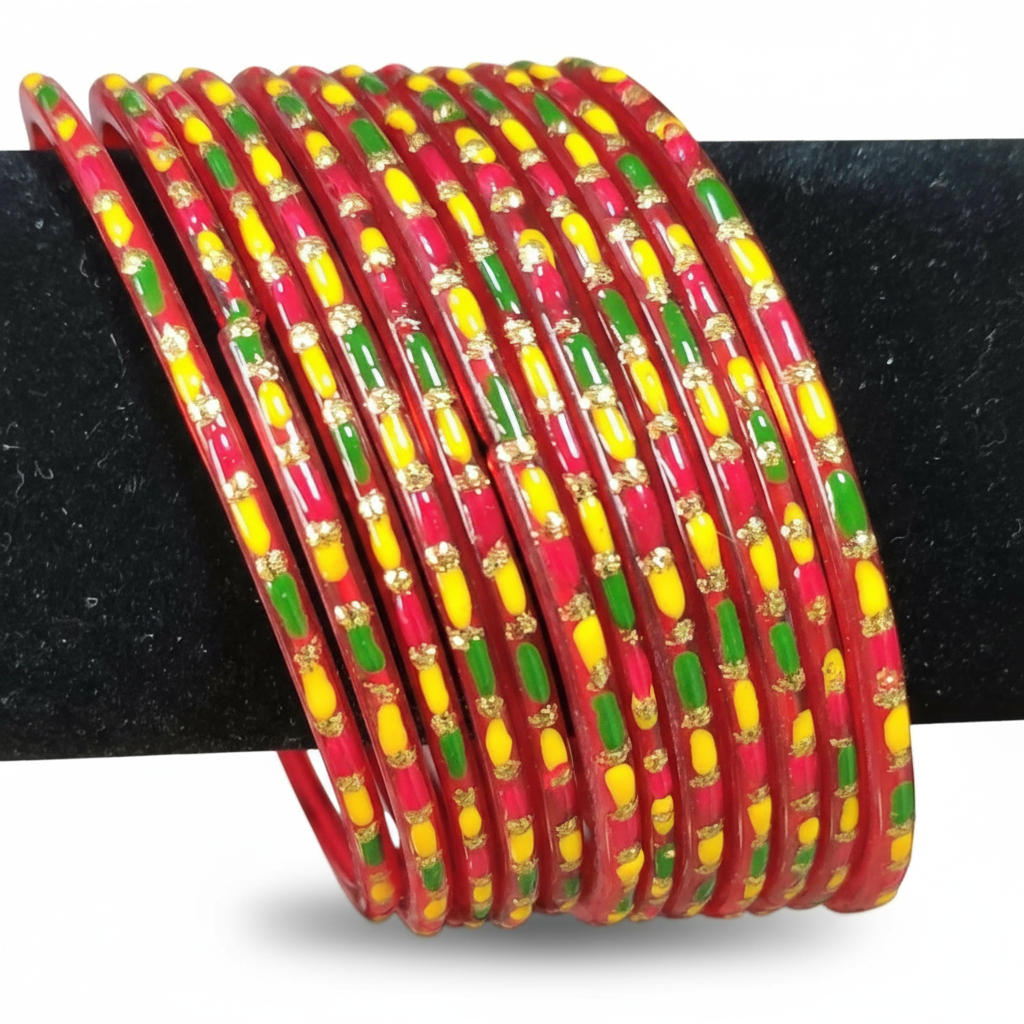 Set of colorful bangles on a black stand