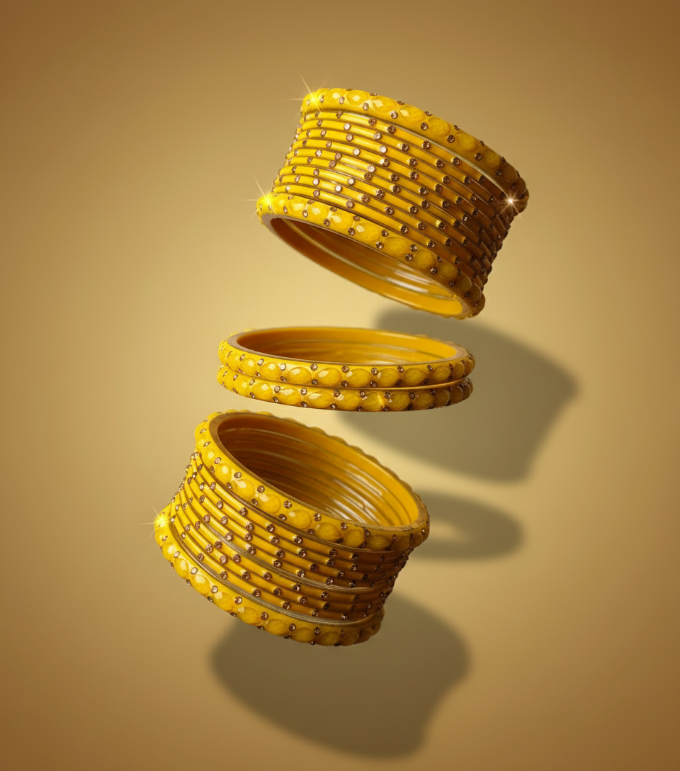 Jazz And Sizzle Set Of 16 Mustard Yellow Glass Bangles