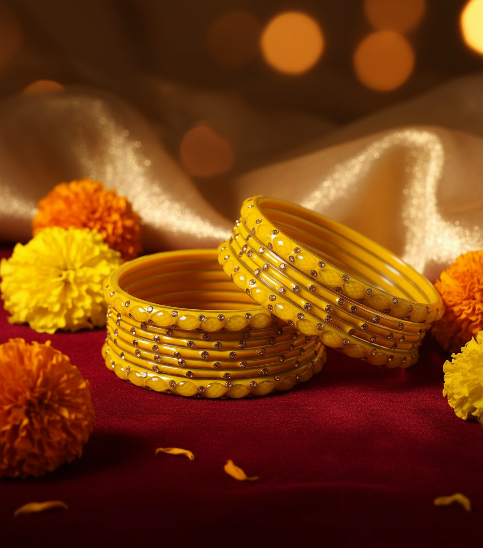 Jazz And Sizzle Set Of 16 Mustard Yellow Glass Bangles