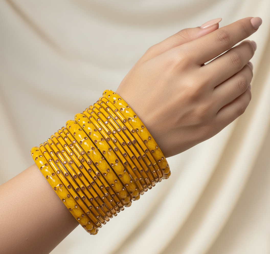 Jazz And Sizzle Set Of 16 Mustard Yellow Glass Bangles